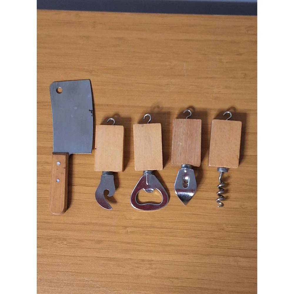Vintage 1978 Enesco Butcher Block Bar Set Miniature Coasters Tools Taiwan 11pc